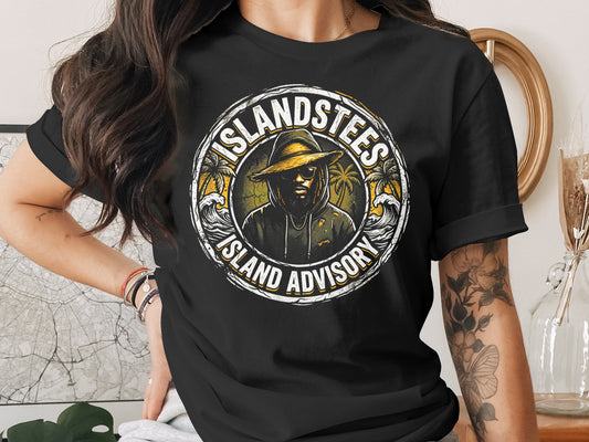 Black t-shirt featuring a circular graphic with "ISLAND TEES ISLAND ADVISORY" and a silhouetted person.