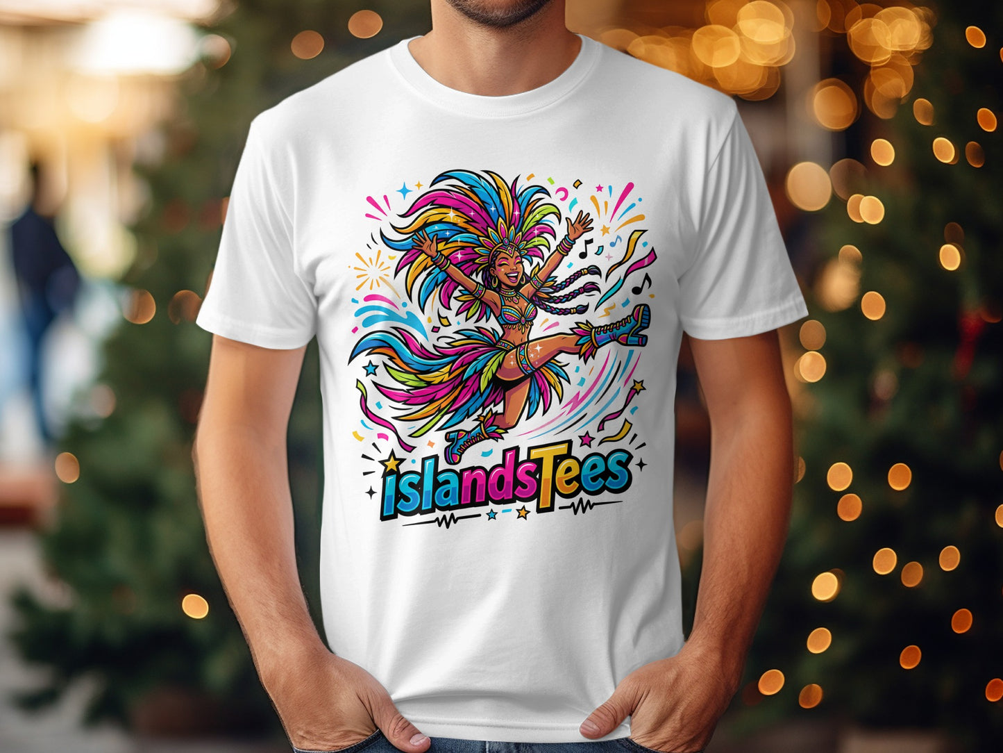 Woman in colorful carnival costume jumping with joy on white t-shirt.
