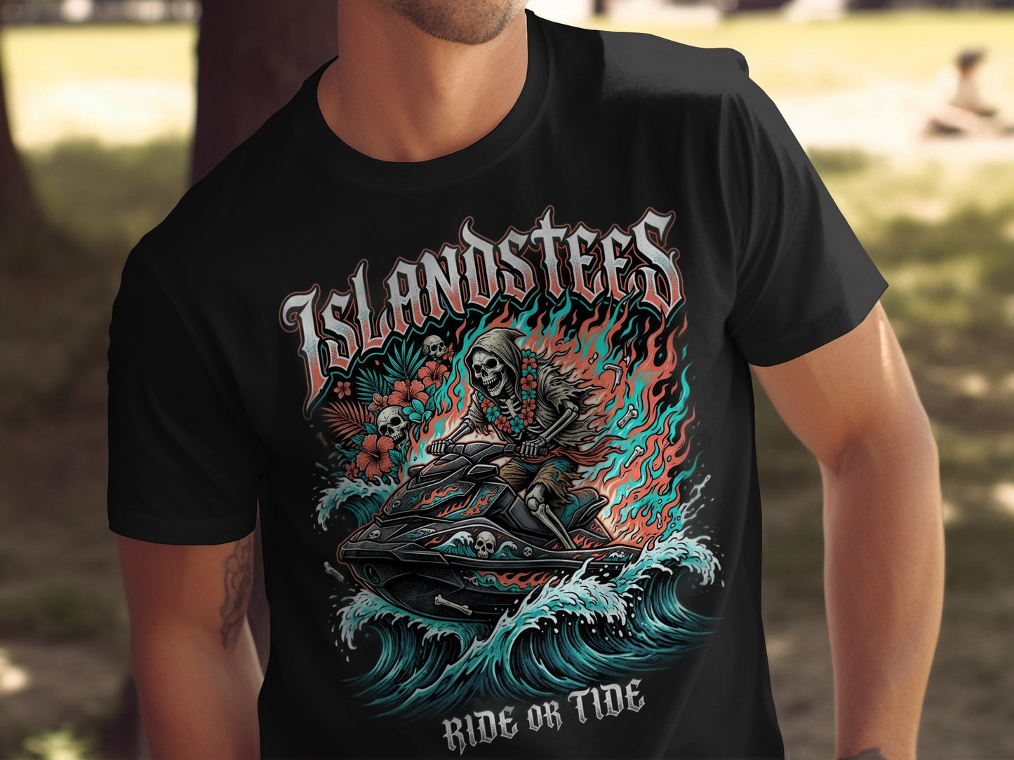 Black t-shirt with skeleton riding a jet ski on ocean waves.
