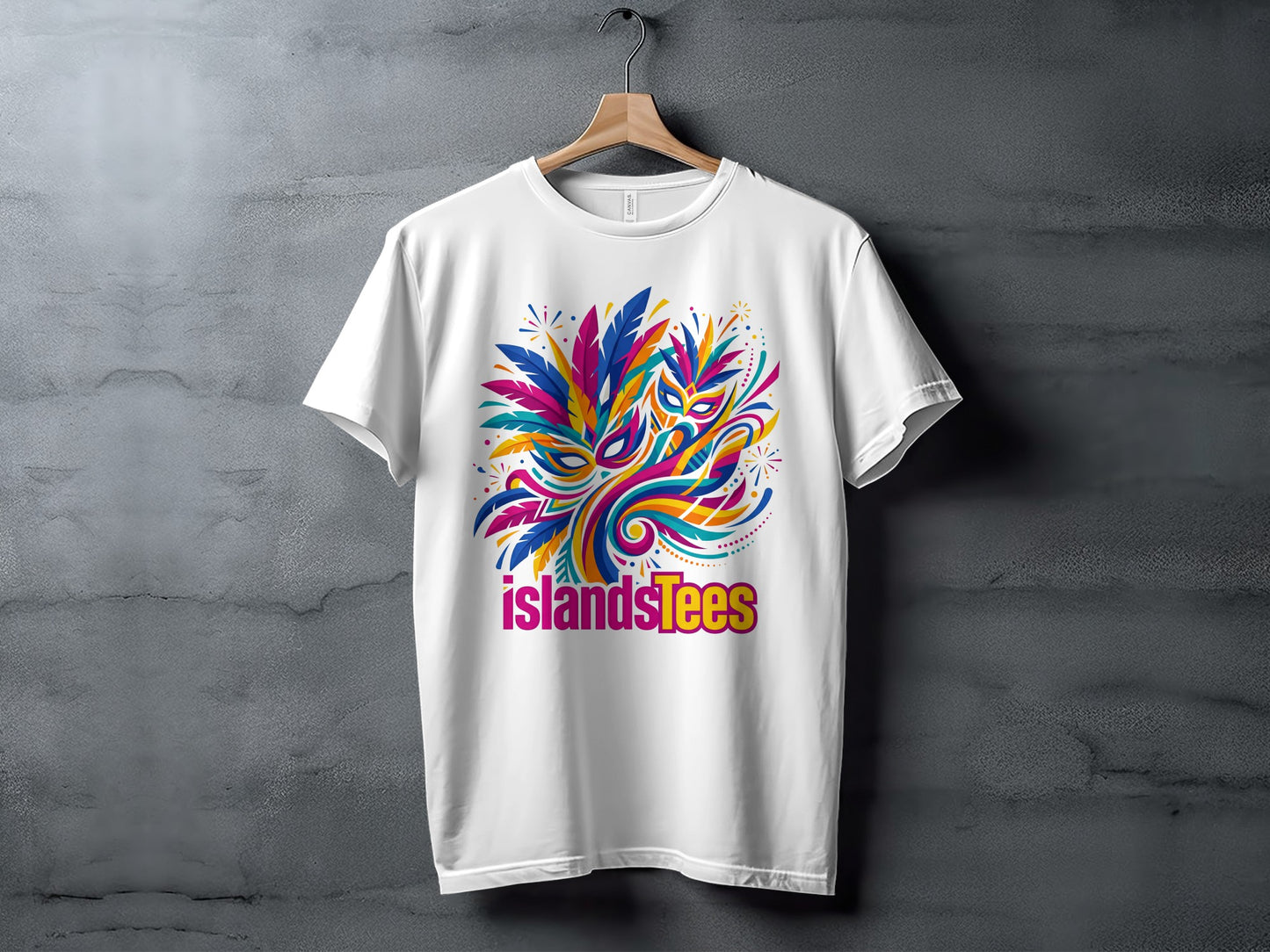 White t-shirt with colorful abstract Mardi Gras mask and feather design.
