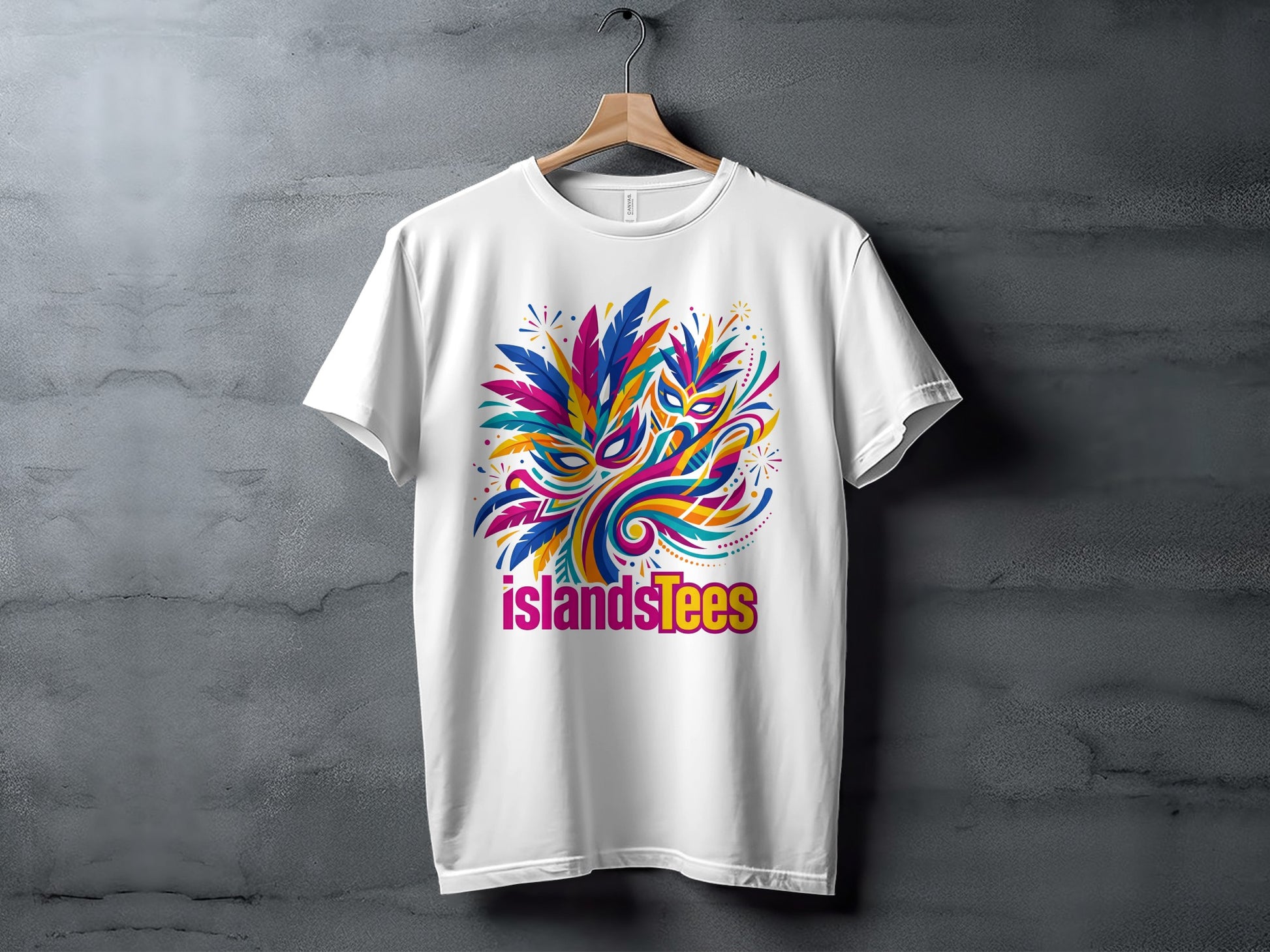White t-shirt with colorful abstract Mardi Gras mask and feather design.