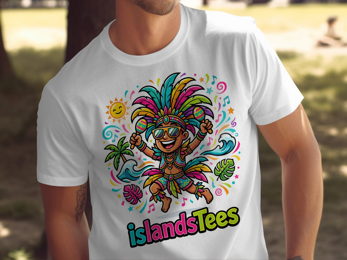 Cartoon figure in colorful carnival costume with maracas and sun, text "islandsTees".