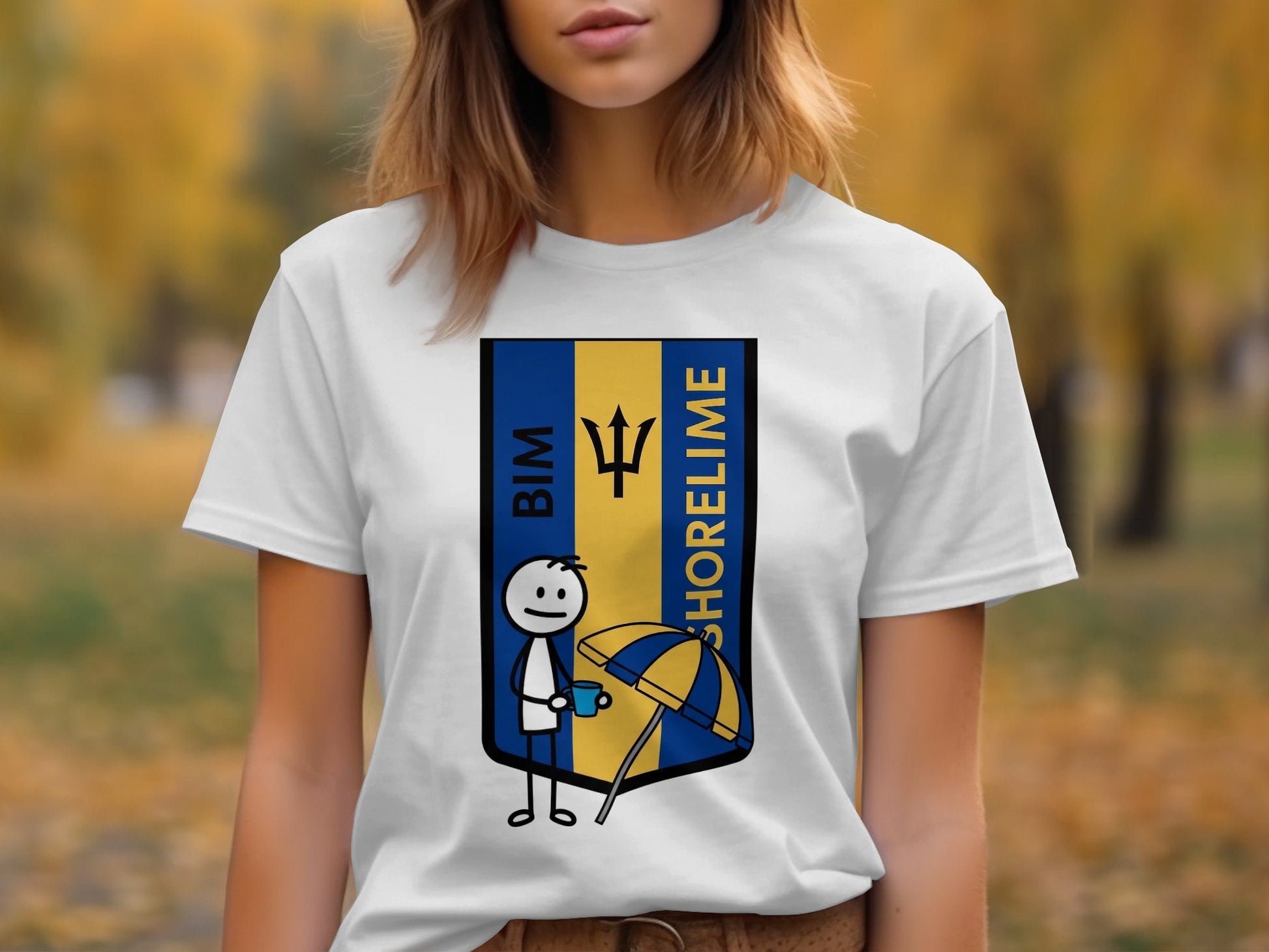 White t-shirt with "BIM SHORELINE" shield logo featuring a stick figure holding a coffee and umbrella.