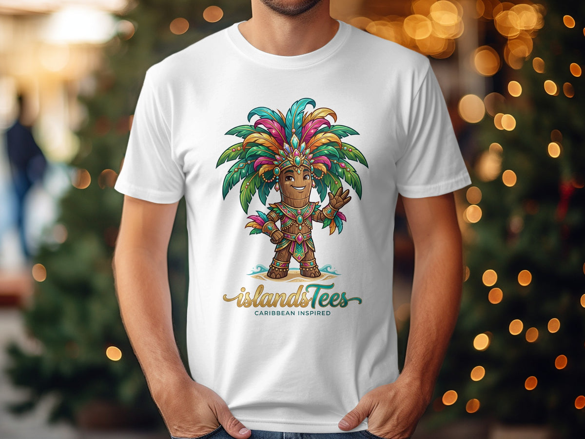 White t-shirt featuring a colorful cartoon tiki character with "islandsTees Caribbean Inspired" logo.