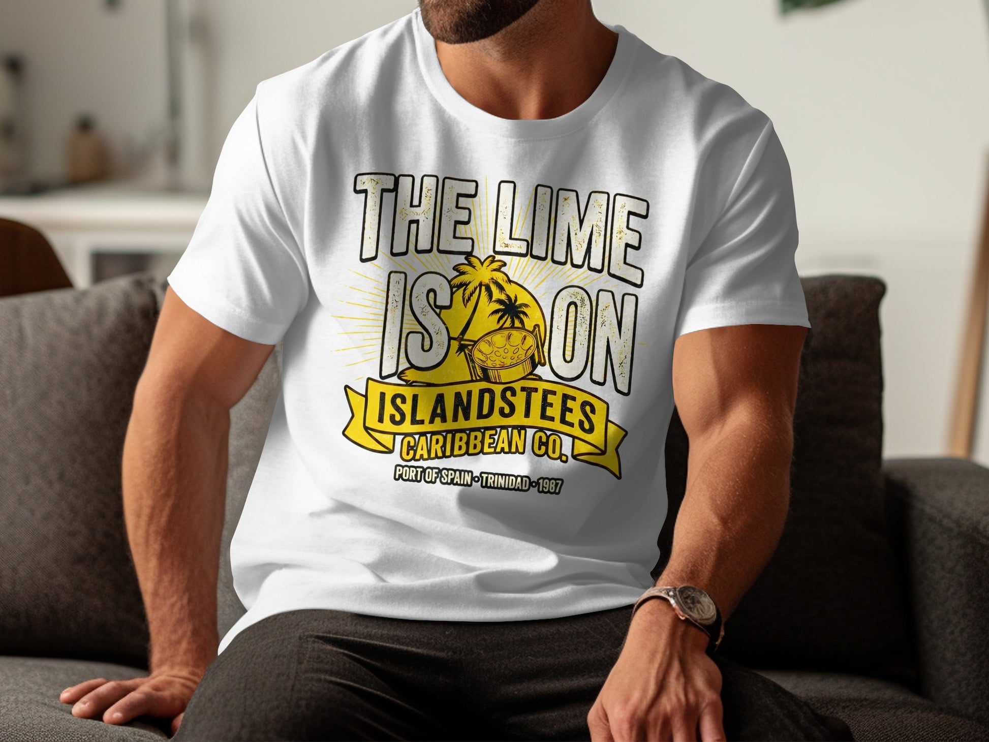 White t-shirt with "The Lime is On" text and Caribbean logo.