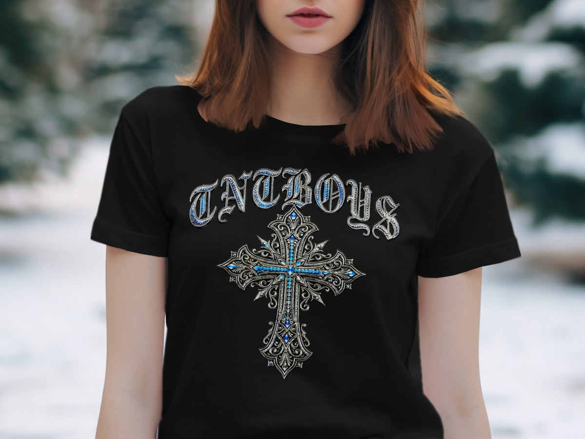 Black t-shirt with "TNTBOYS" text and a jeweled cross graphic.
