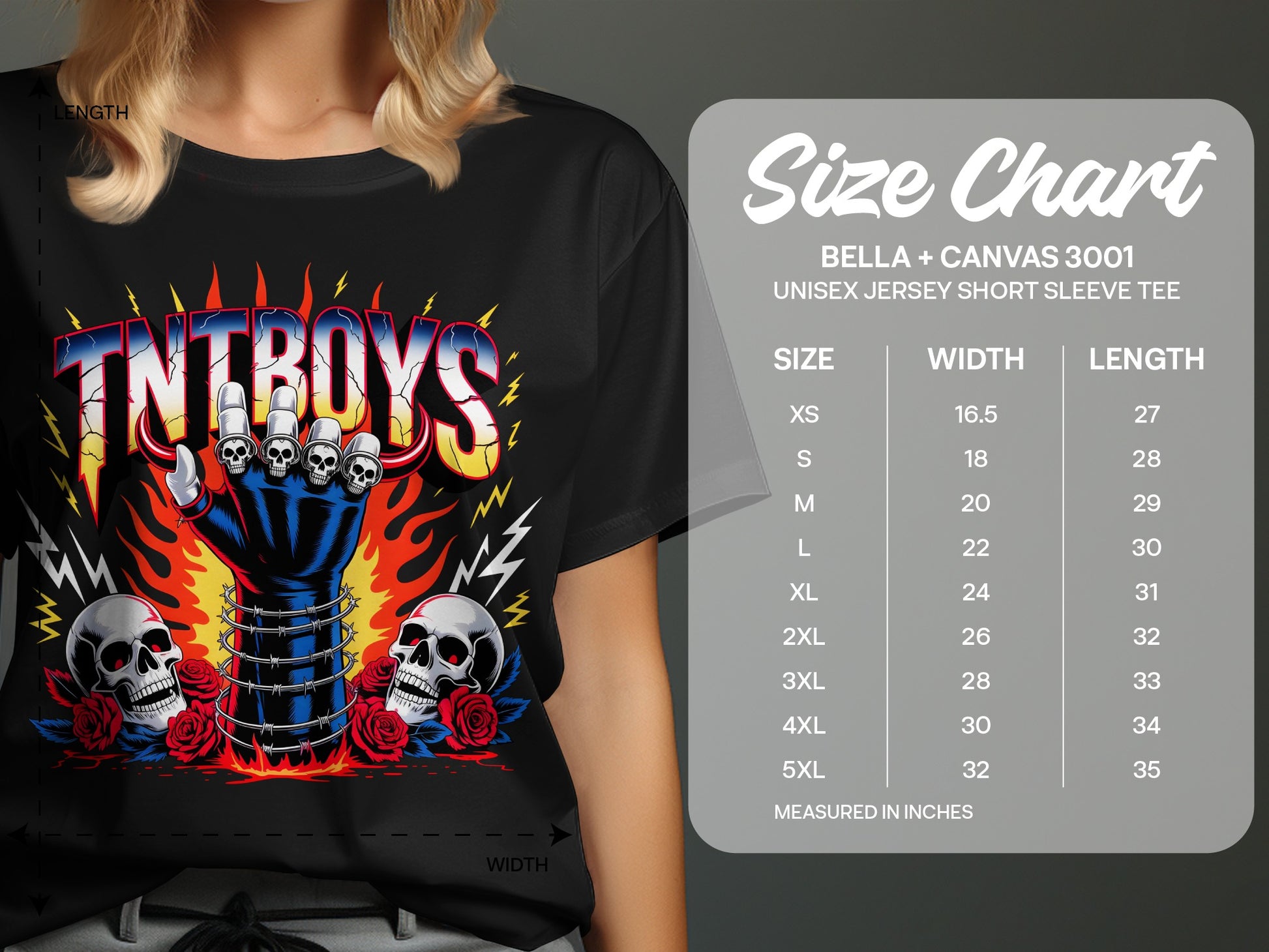 Black t-shirt with "TNTBOYS" text and skull graphics, next to a size chart.
