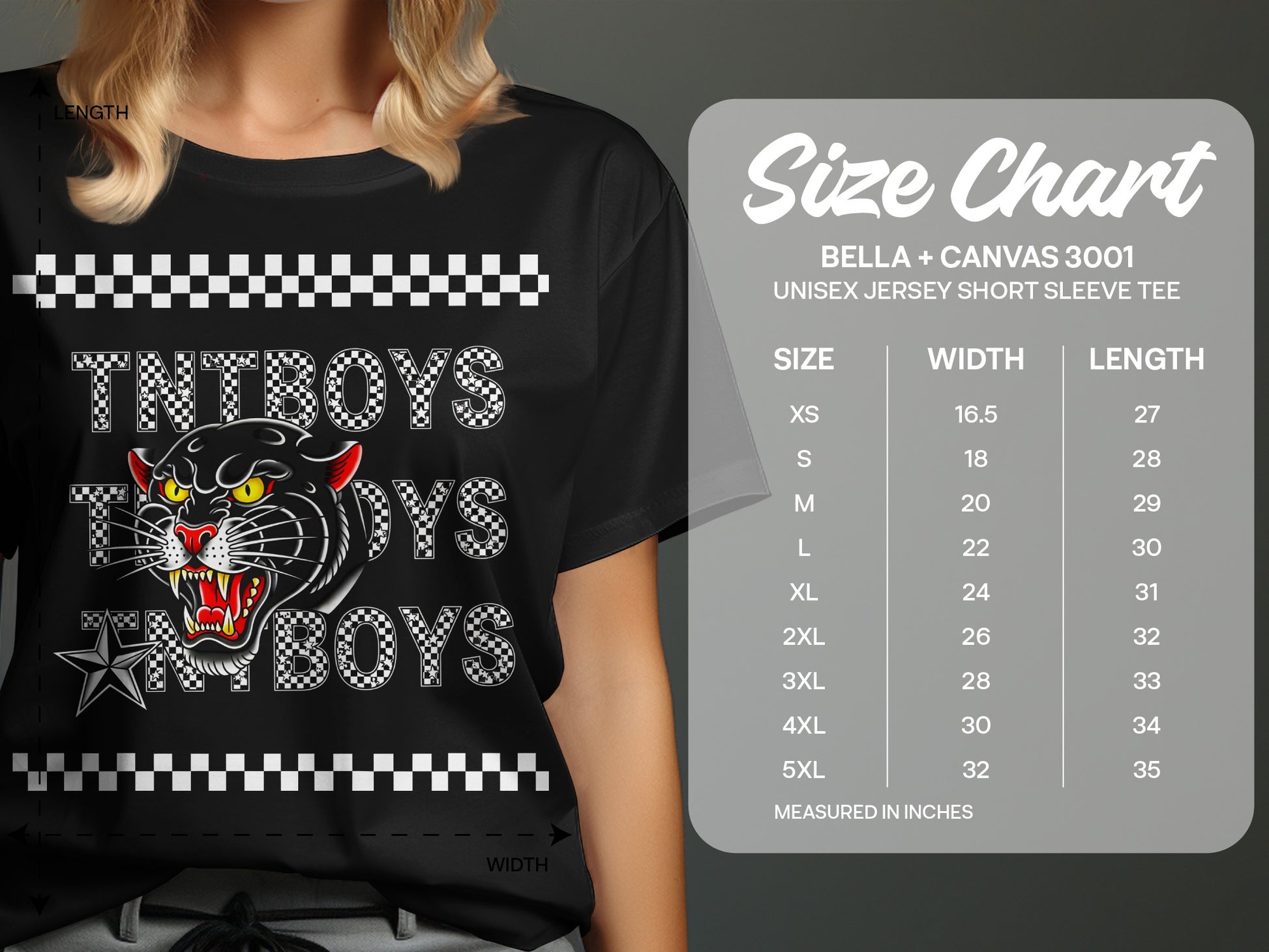 Black t-shirt with "TNT BOYS" text, panther graphic, and size chart.