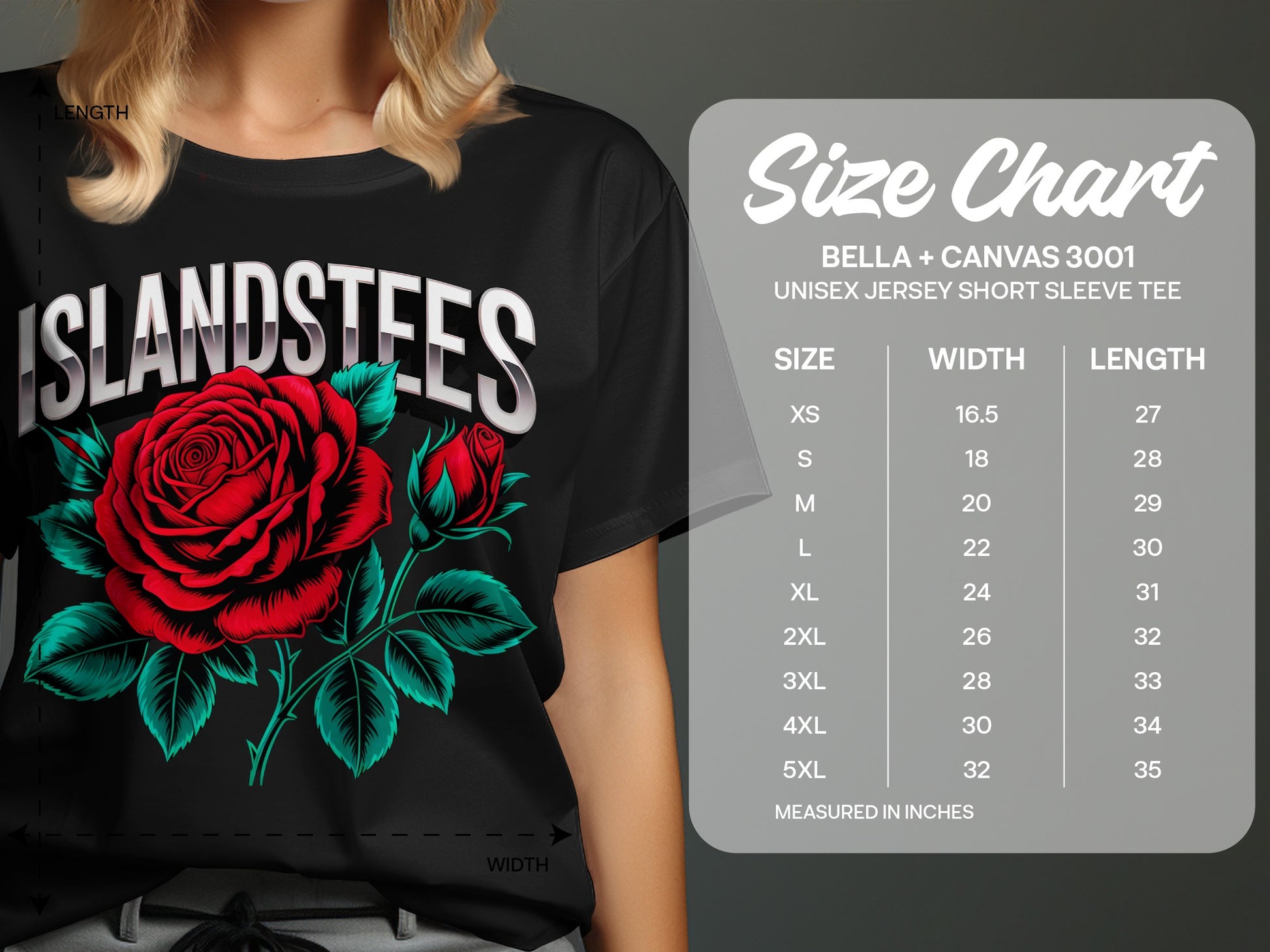 T-shirt with red rose graphic and size chart for Bella + Canvas 3001 tees.
