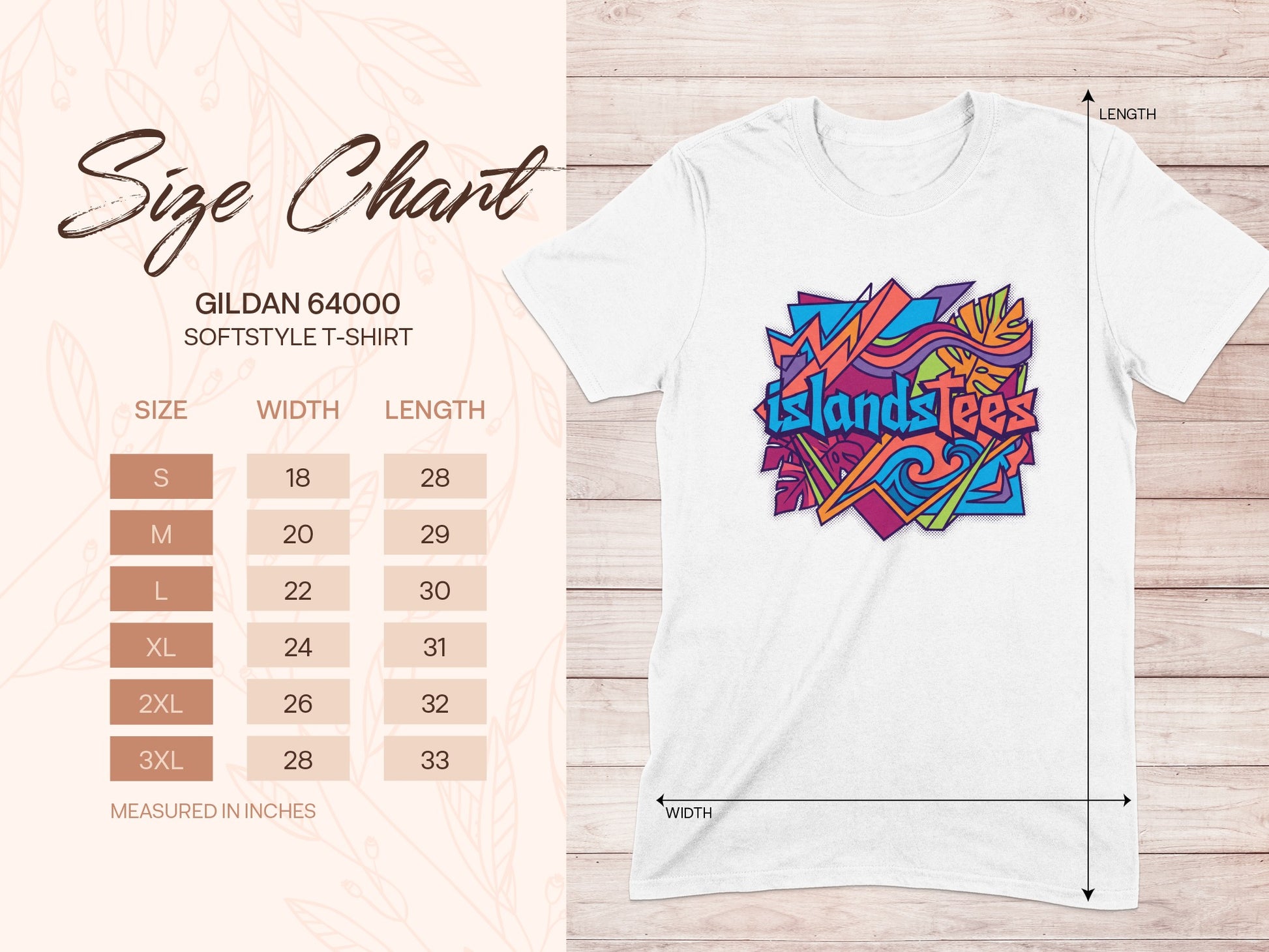 Gildan 64000 Softstyle T-Shirt size chart with measurements.