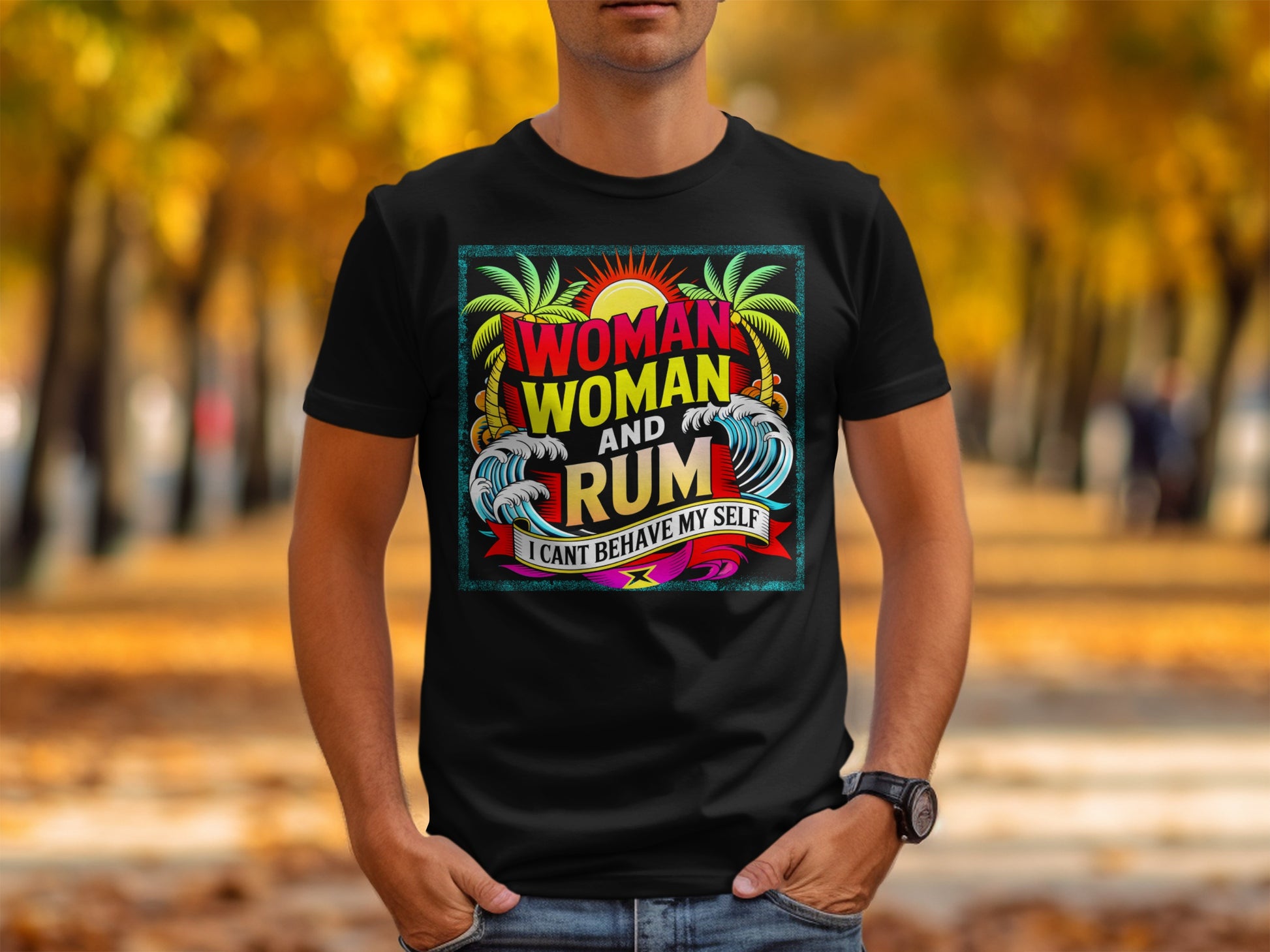 Black t-shirt with "Woman, Woman and Rum" text, palm trees, and waves.