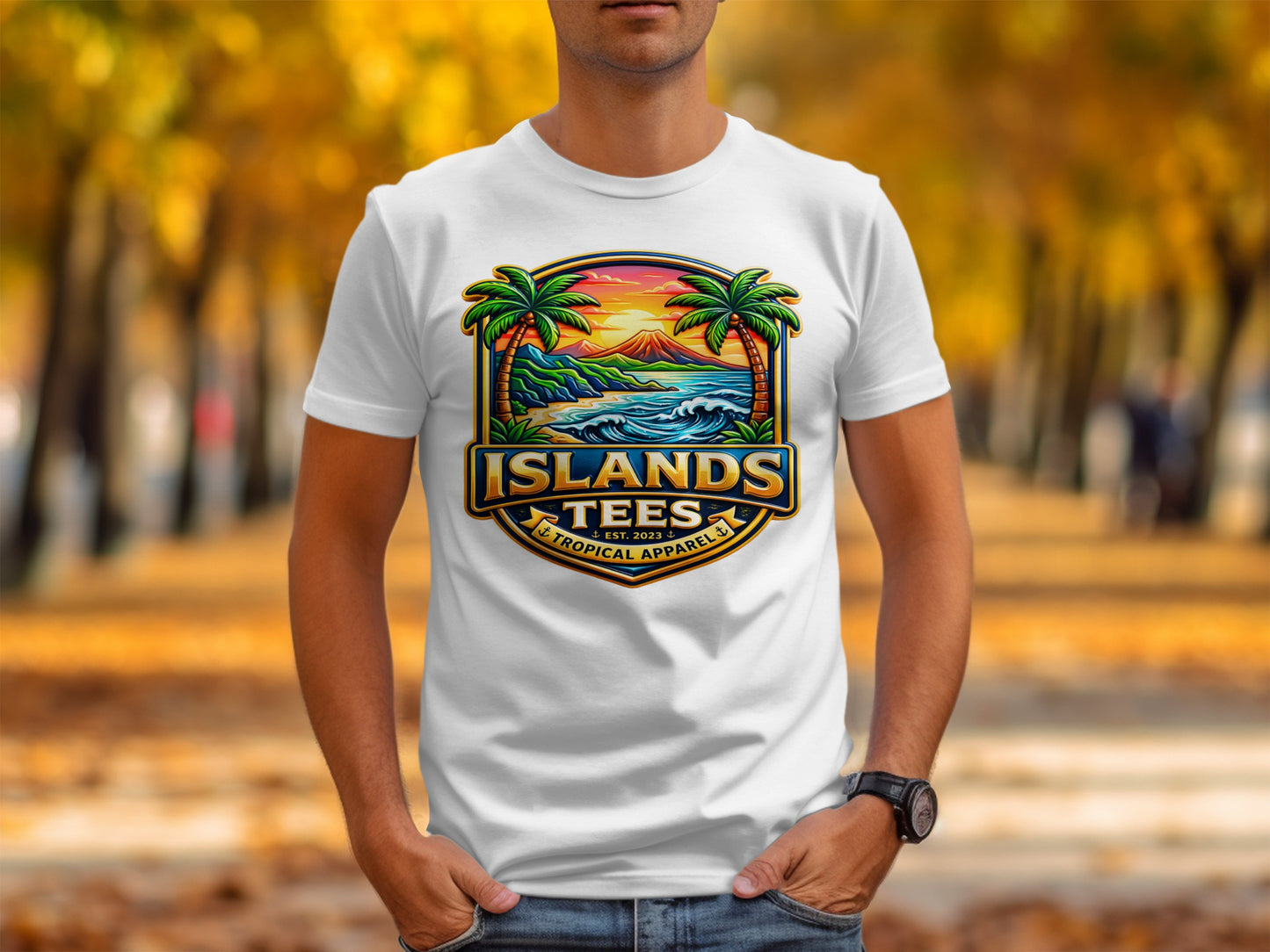 White t-shirt with "ISLANDS TROPICAL APPAREL" logo featuring palm trees, ocean, and sun.