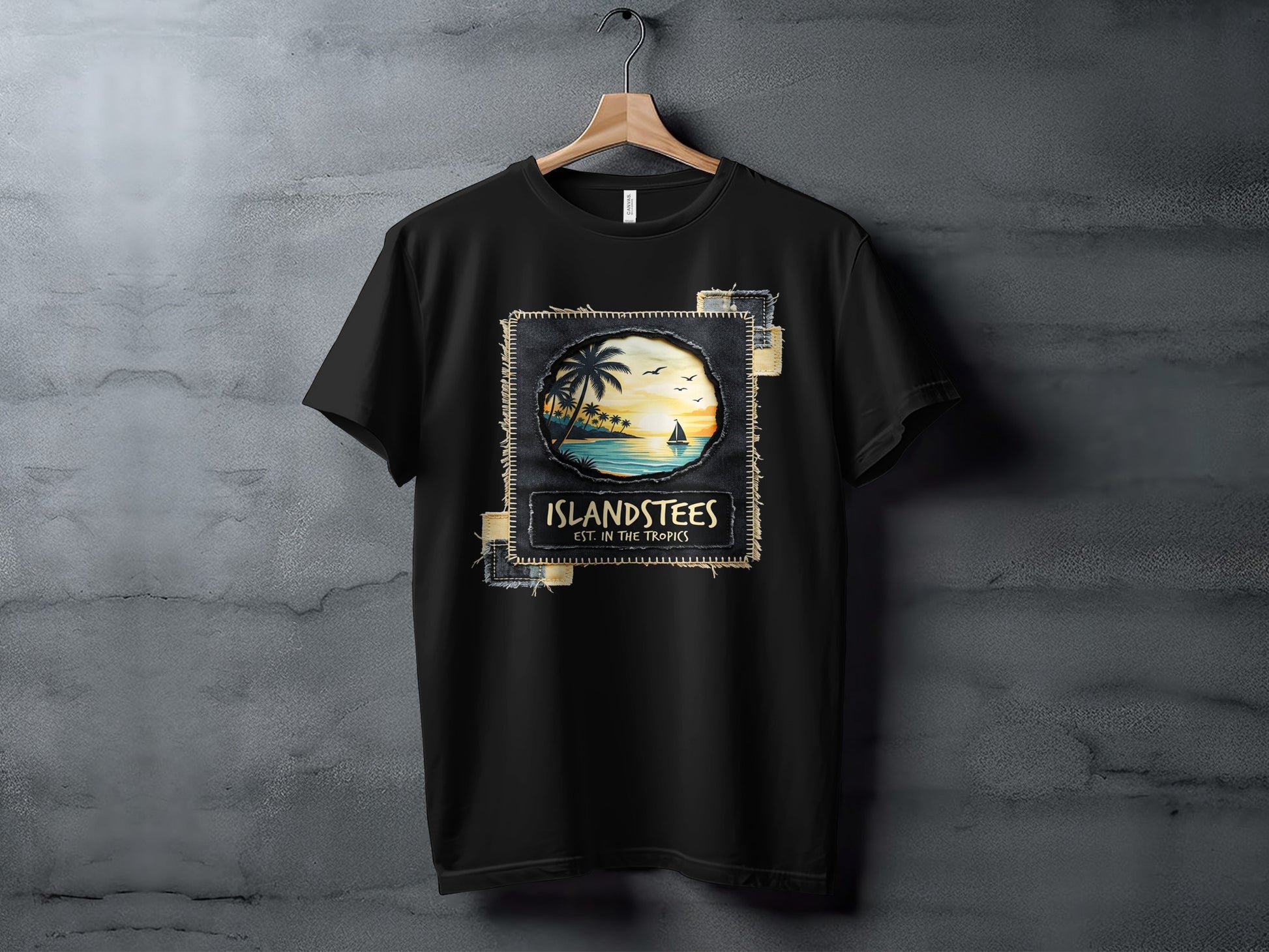 Black t-shirt with a tropical sunset graphic featuring "ISLANDSTEES EST. IN THE TROPICS".
