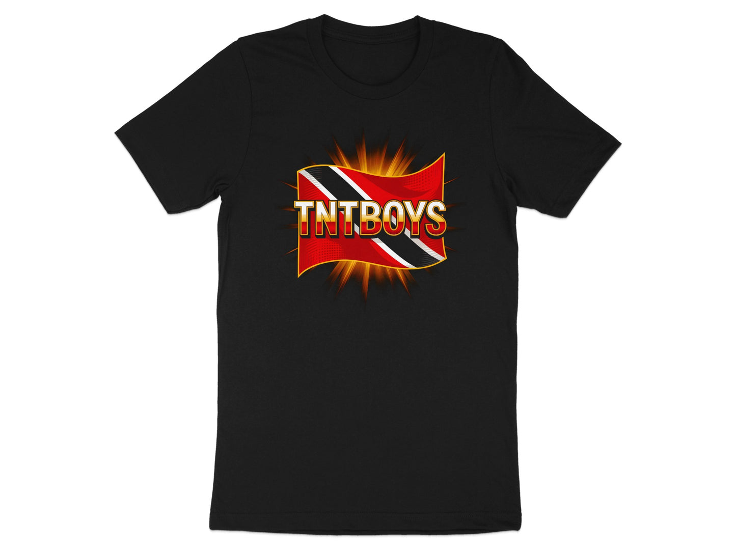 Black t-shirt with red, gold, and black "TNTBOYS" text and Trinidad and Tobago flag design.