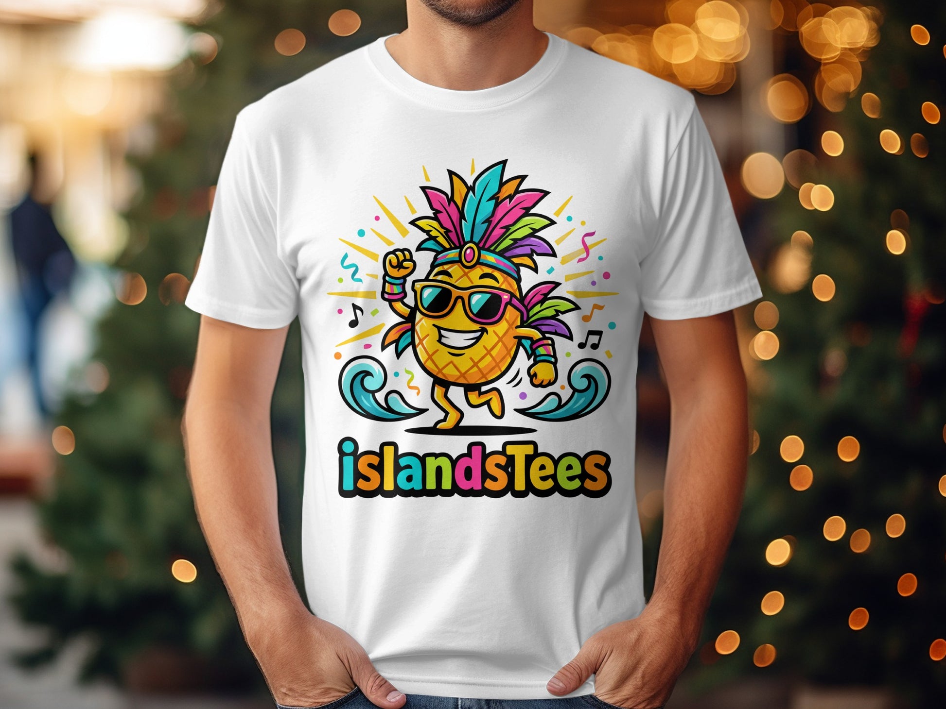 White t-shirt with cartoon pineapple with sunglasses and colorful feathers.