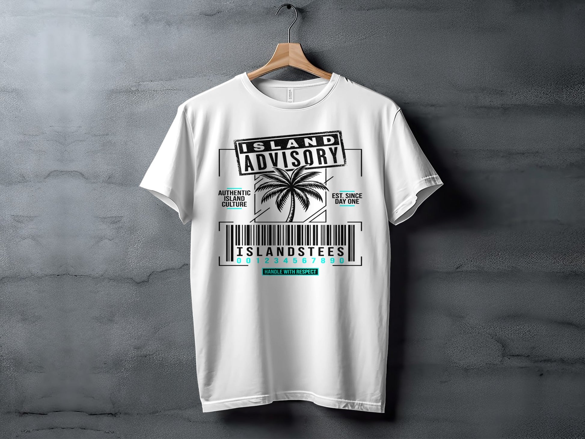 White t-shirt with "ISLAND ADVISORY" and barcode design.
