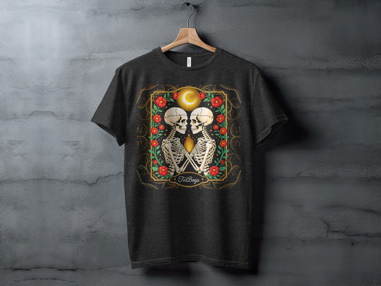 Skeleton Lovers with Roses and Moon Art T-shirt