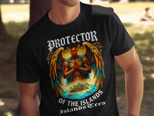 Black t-shirt with an angel in a tropical island setting and text "Protector of the Islands".