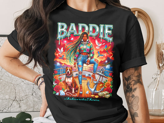 Black t-shirt with "Baddie" graphic featuring a woman and dog on a boat, surrounded by roses.