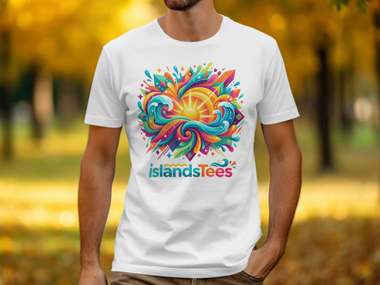 White t-shirt with colorful sun and wave graphic, text "islandsTees".