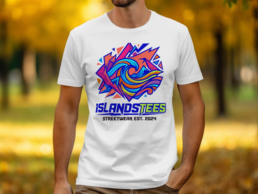 White t-shirt with colorful abstract wave graphic and "ISLANDSTEES STREETWEAR EST. 2024" text.