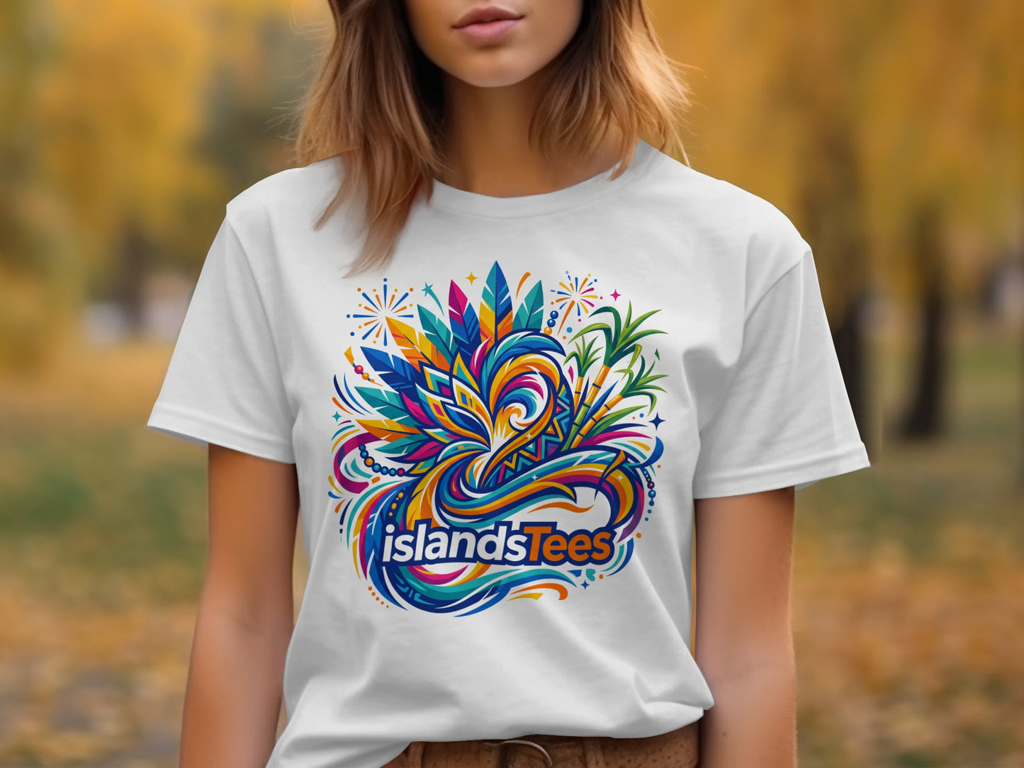 White t-shirt with colorful "IslandsTees" logo featuring abstract tropical feathers and leaves.