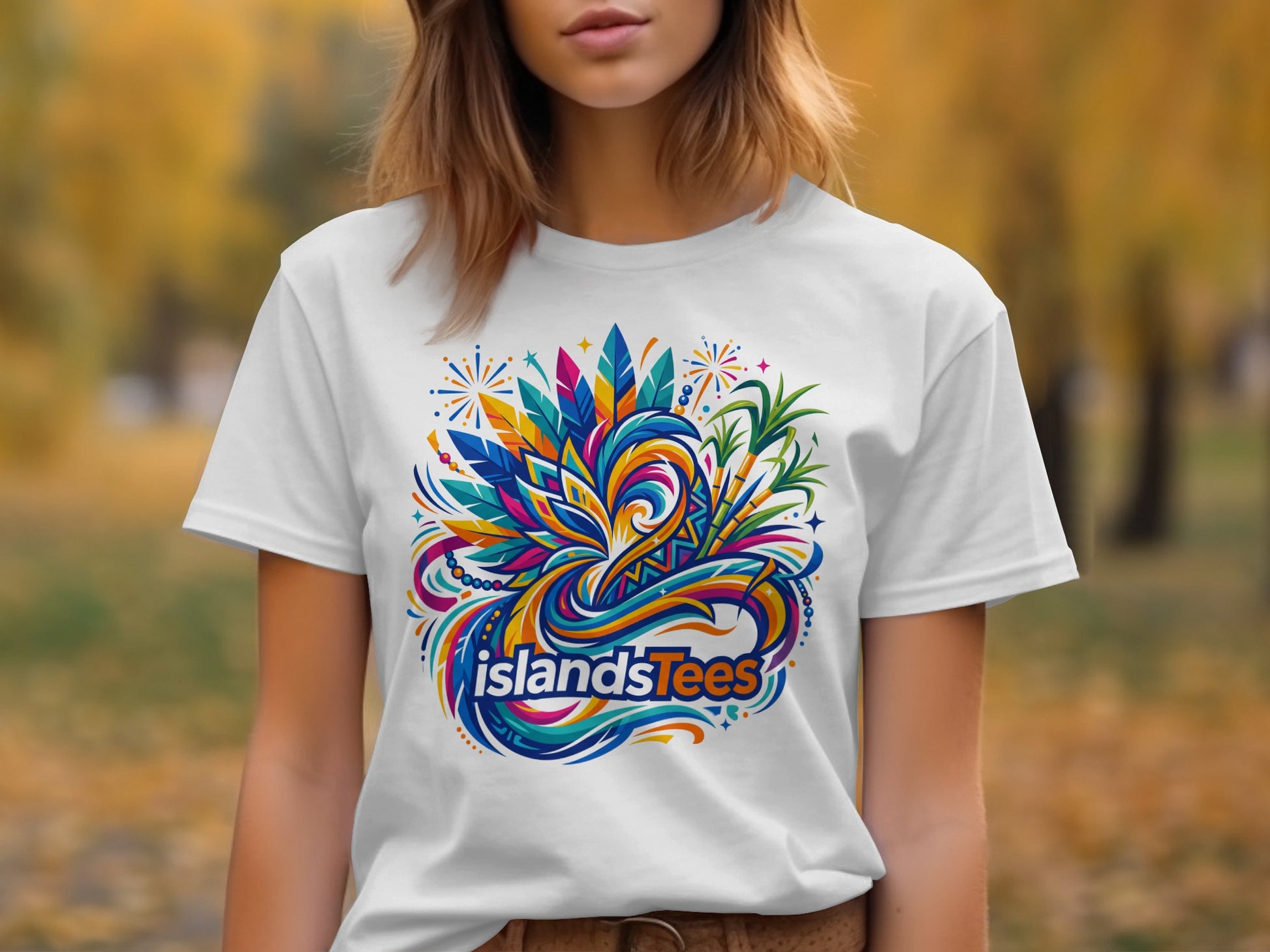 White t-shirt with colorful "IslandsTees" logo featuring abstract tropical feathers and leaves.