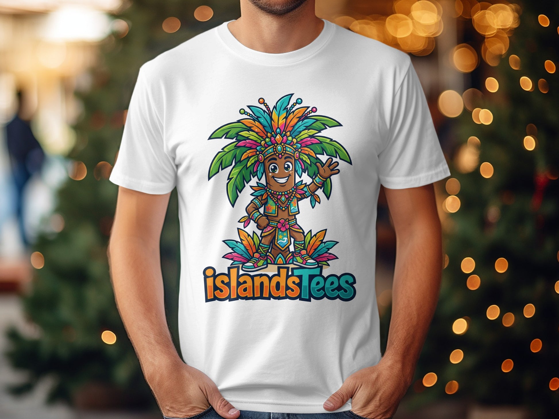 White t-shirt with cartoon character in colorful tribal costume and "islandsTees" logo.