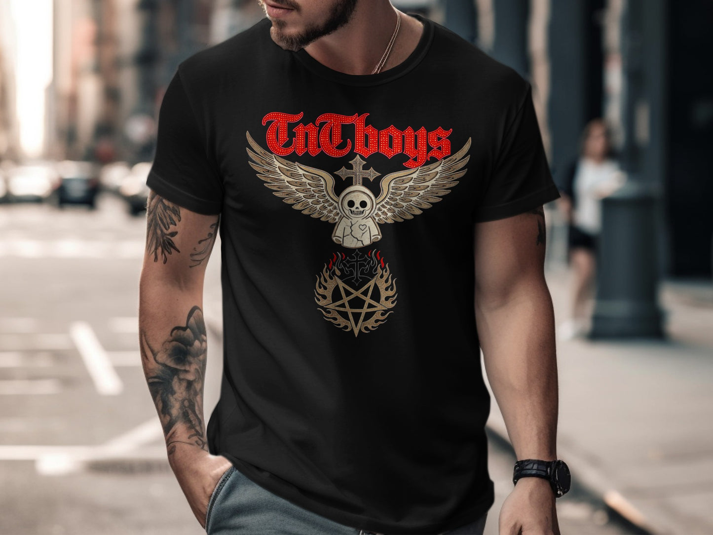 Black t-shirt with "TntBoys" logo featuring winged skull and pentagram.