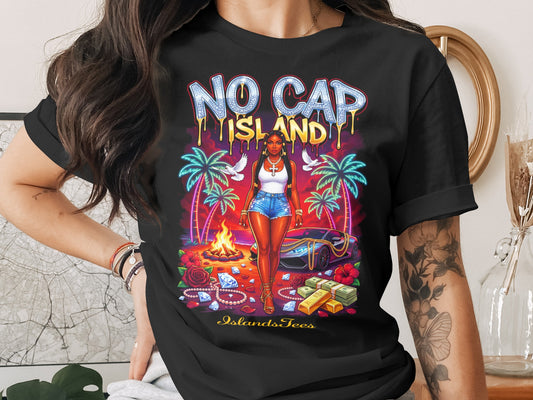 T-shirt with a woman, palm trees, car, money, and "No Cap Island" text.