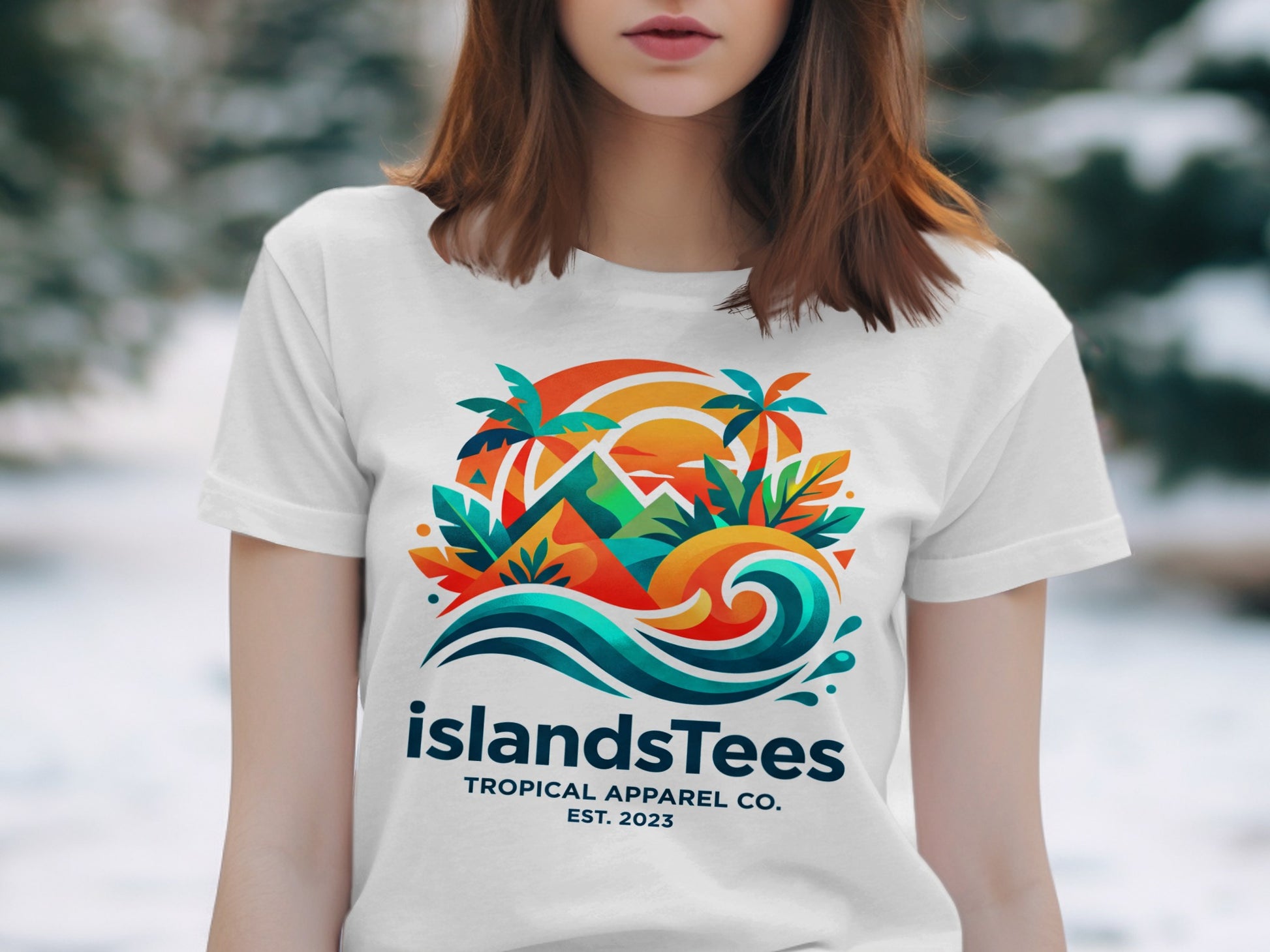 White t-shirt with tropical island, waves, and palm tree logo and text.