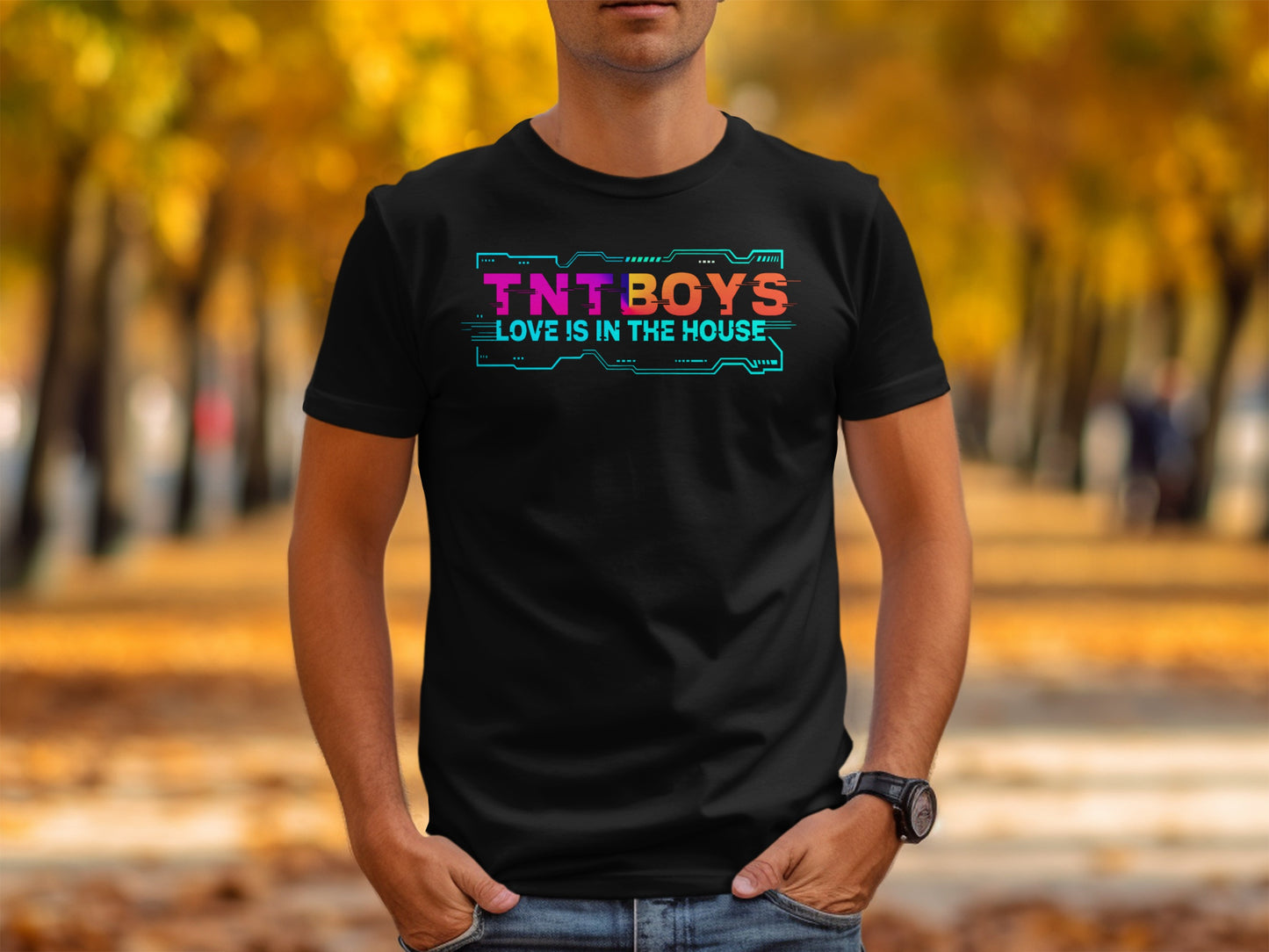 Black t-shirt with "TNT BOYS LOVE IS IN THE HOUSE" text in colorful glitch style.
