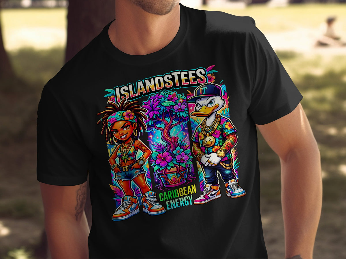 Black t-shirt with cartoon duck and person in colorful Caribbean attire.