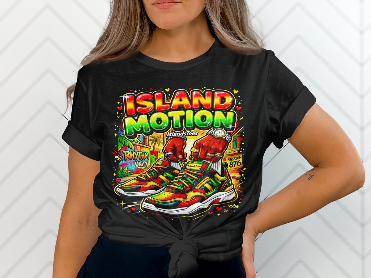 Black t-shirt with "Island Motion" and colorful shoes featuring "Rhythm Unity" and "Kingston 876".