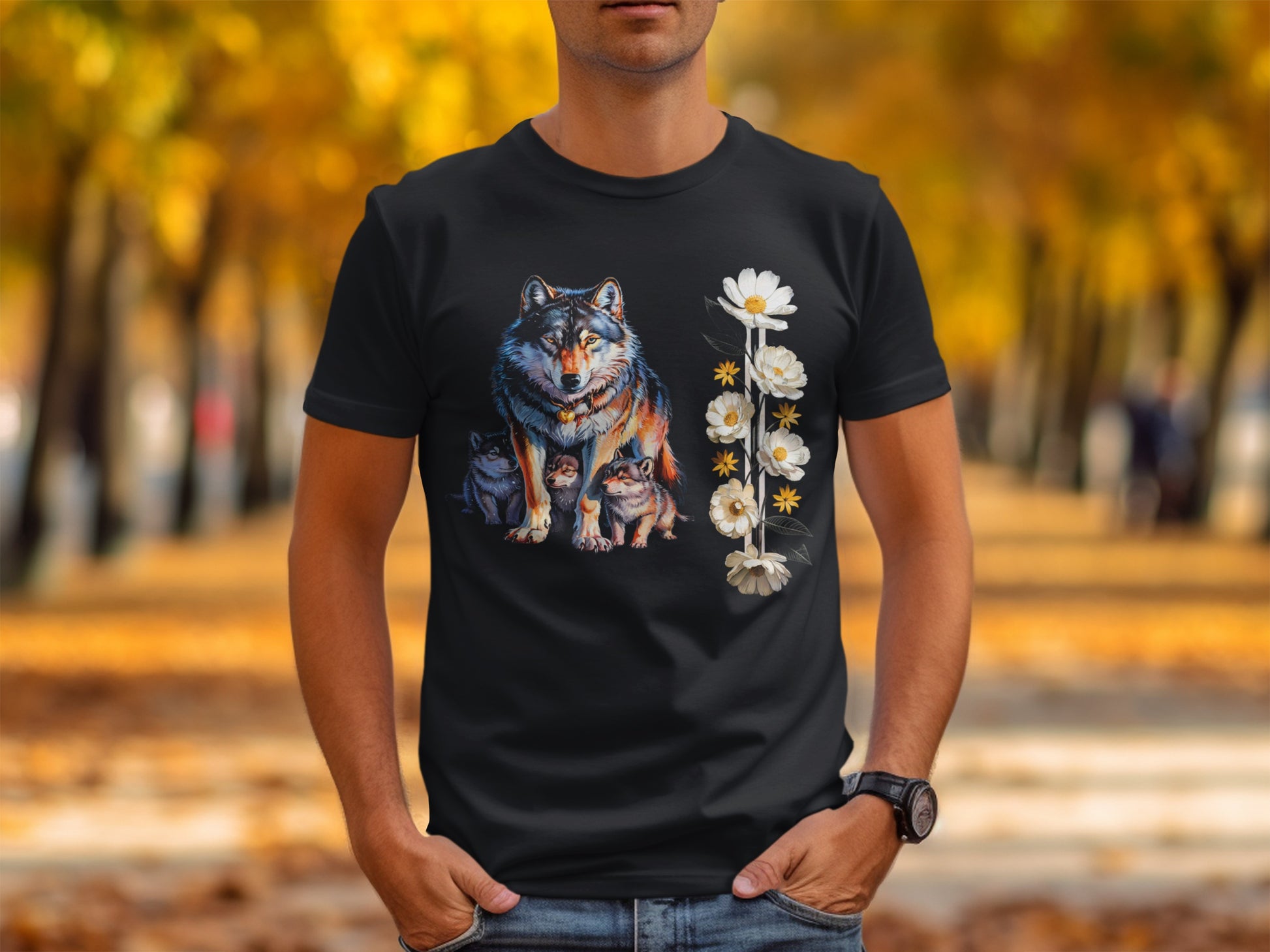 Wolf Family and Floral Design Black T-Shirt