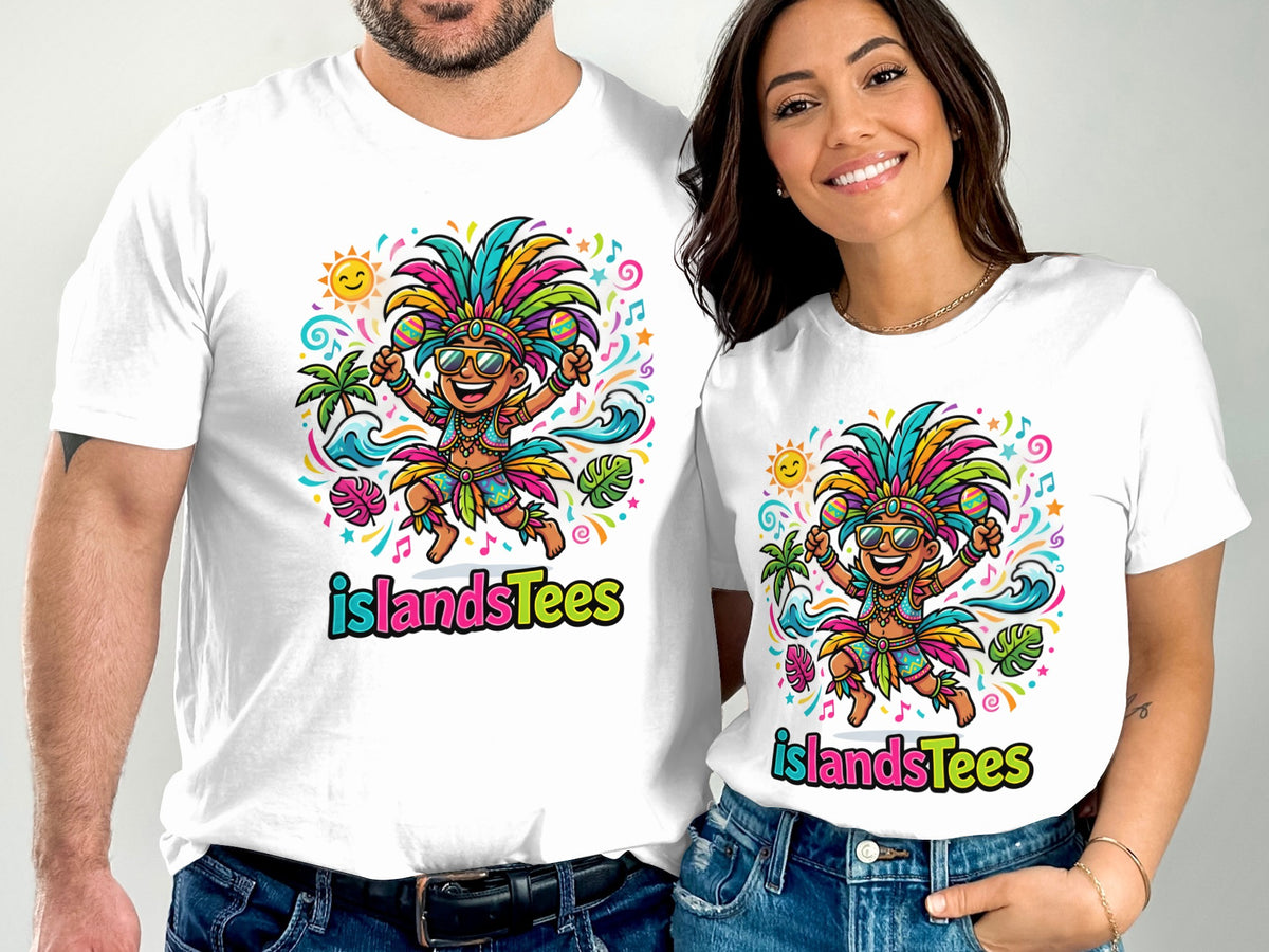 T-shirts with cartoon figures in colorful costumes under a smiling sun.