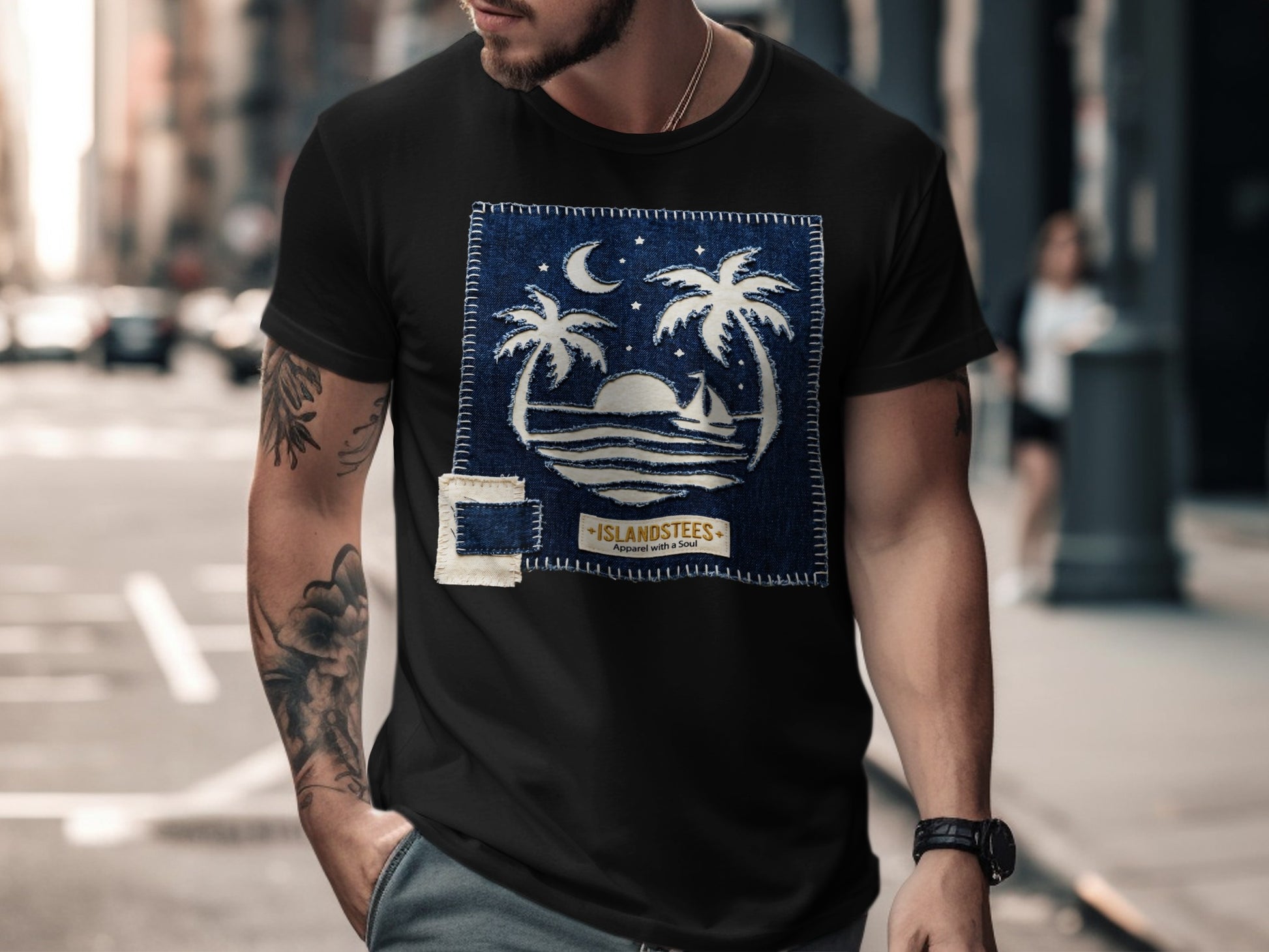 T-shirt featuring a stitched patch with a tropical sunset scene and "Islandstees" text.