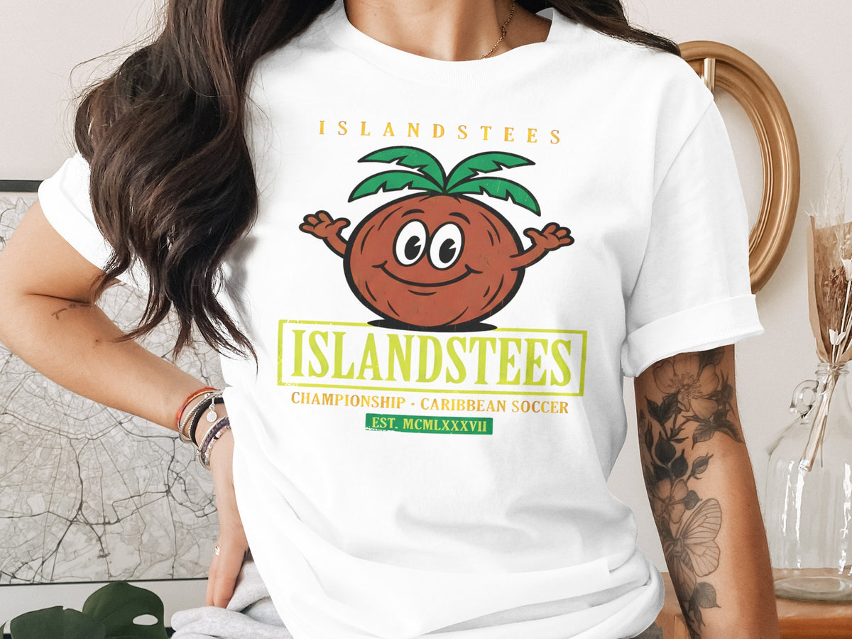 T-shirt with cartoon coconut character and "ISLANDSTEES" text.
