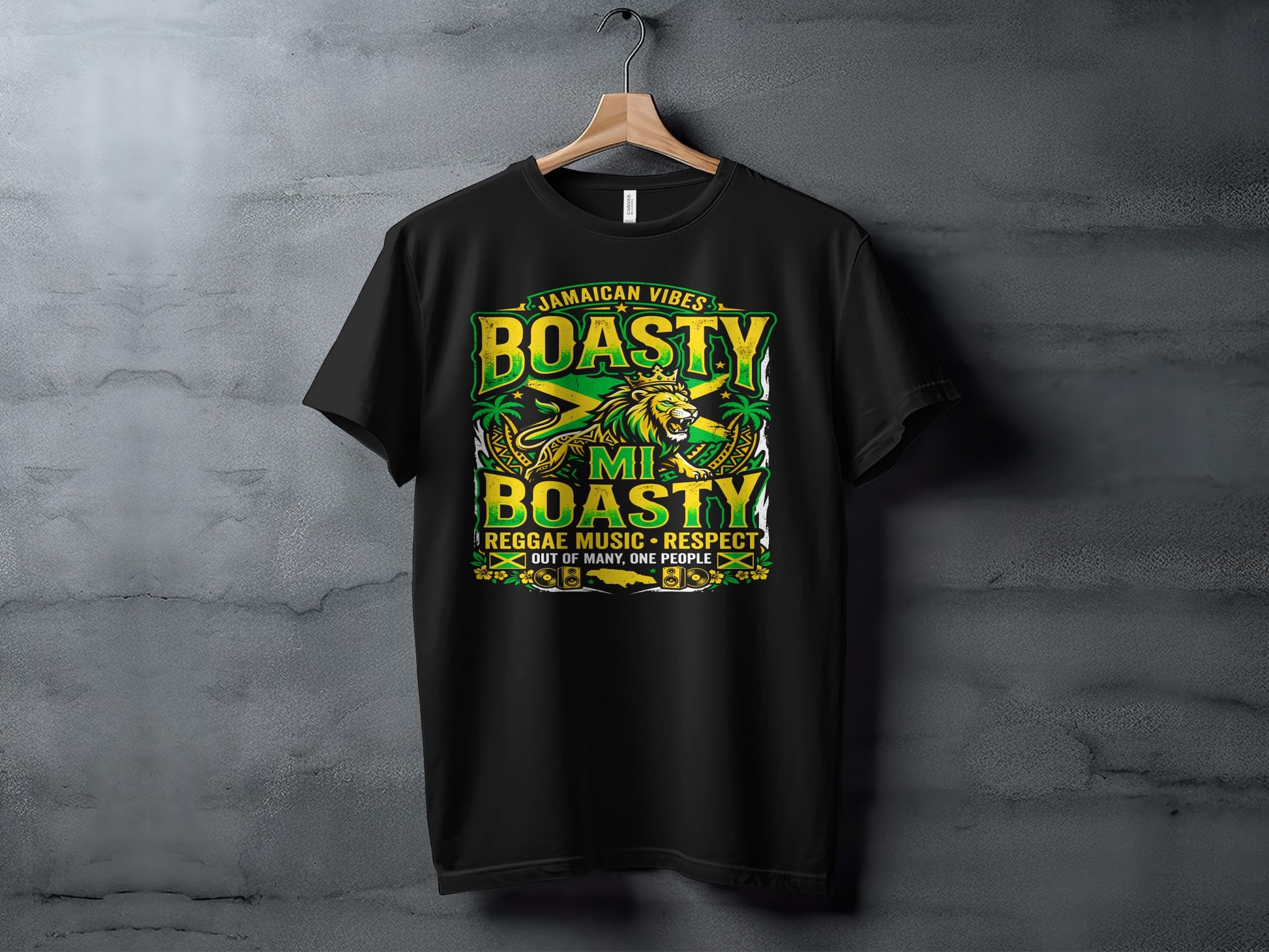 Black t-shirt with "Jamaican Vibes" and "Boasty Mi Boasty" text and lion graphic.