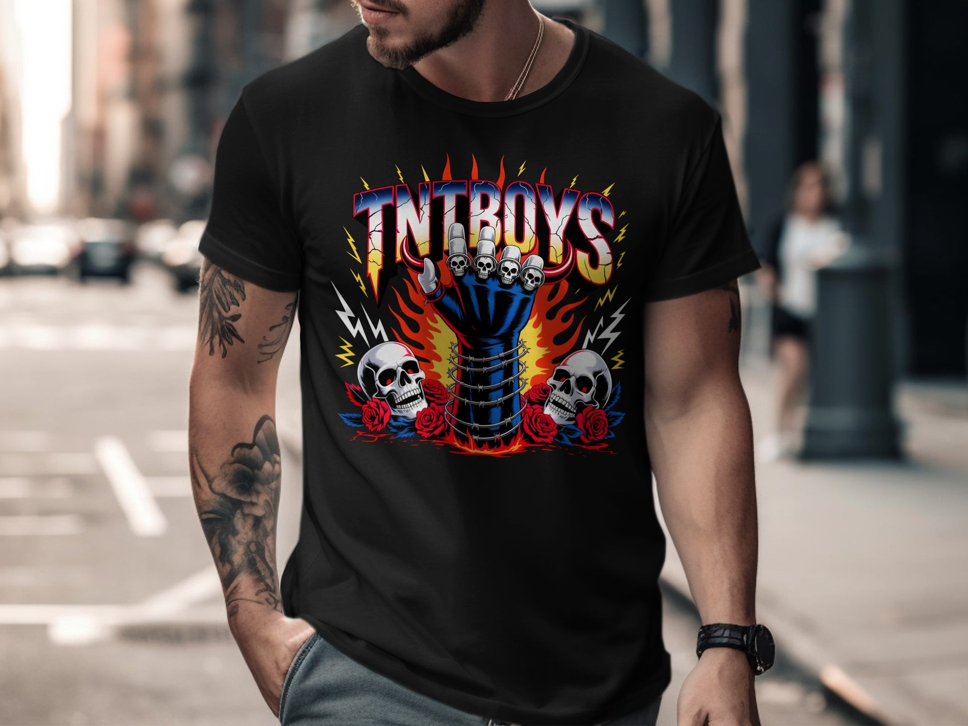 Black t-shirt with "TNT BOYS" logo featuring skulls, roses, and flames.