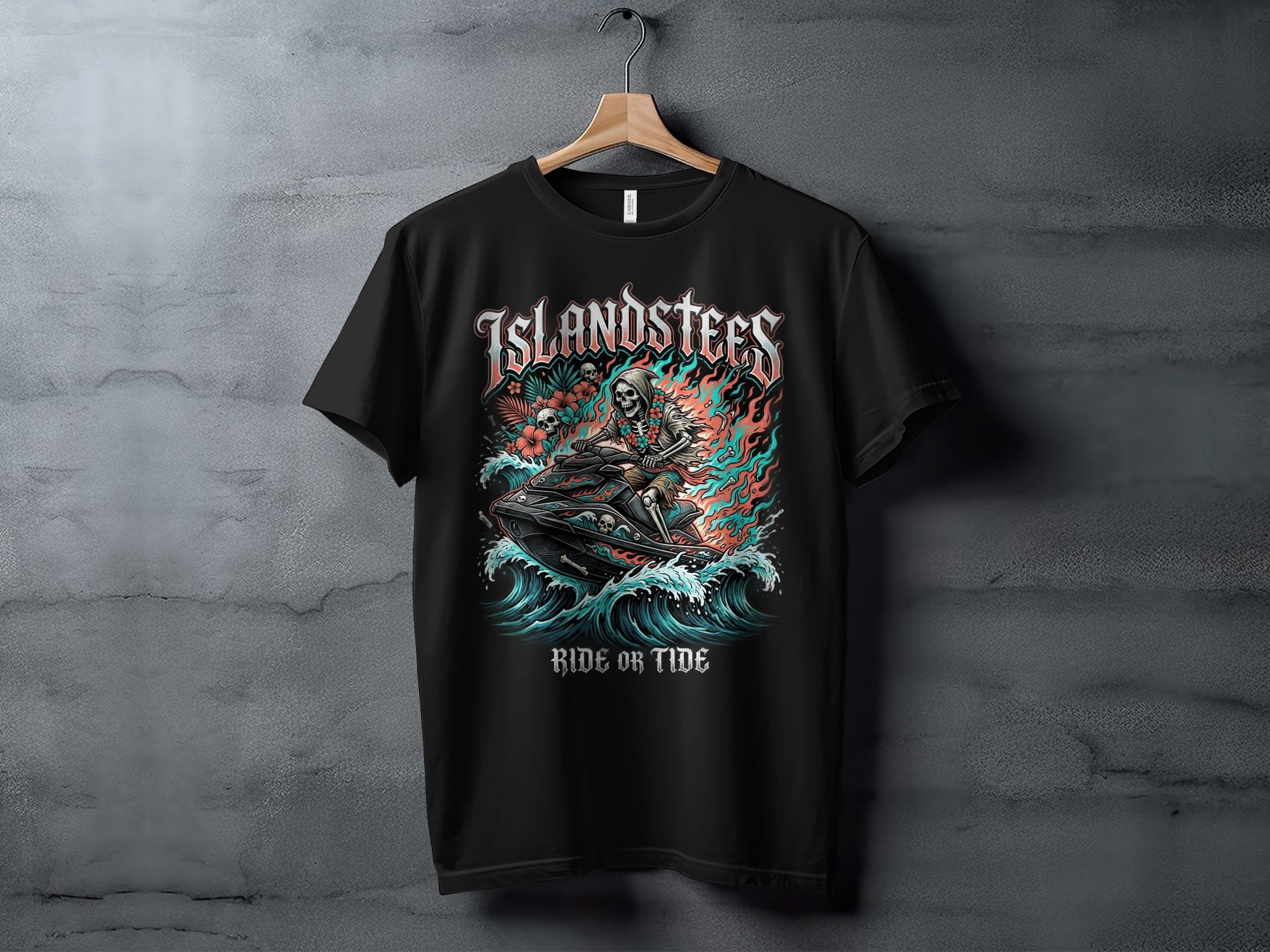 Black t-shirt with graphic of skeleton riding a jet ski through waves.