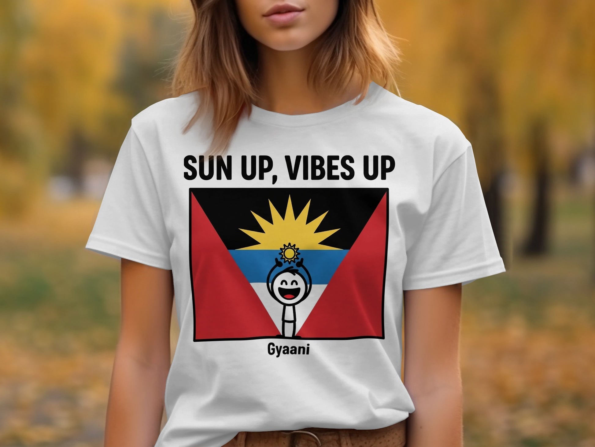 White t-shirt with "SUN UP, VIBES UP" and flag graphic.