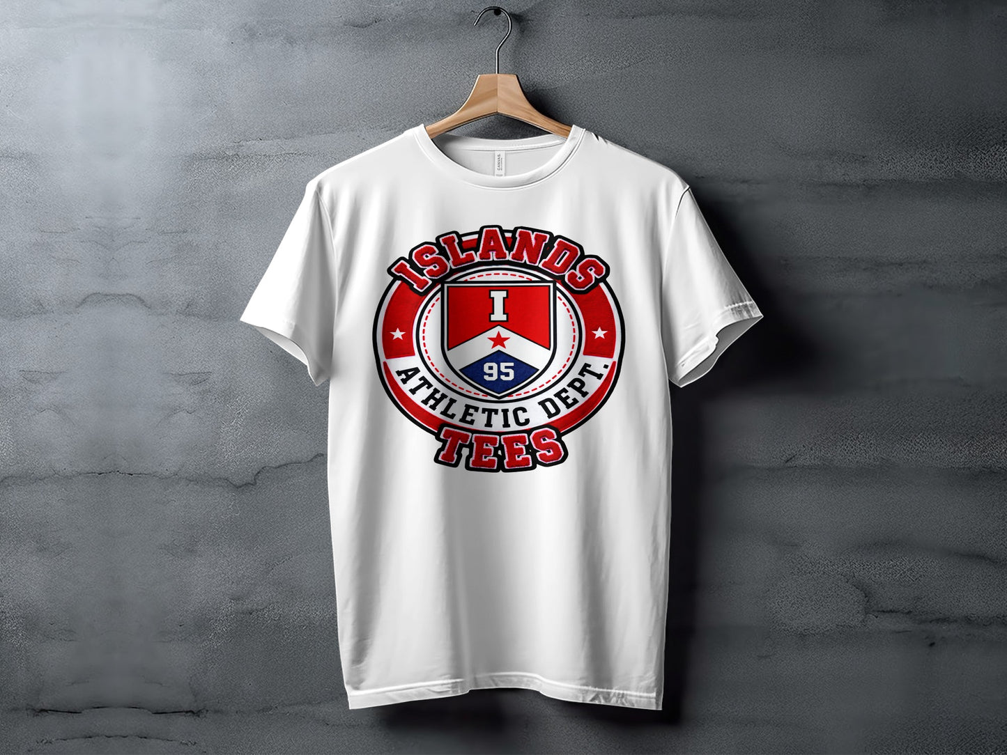 White t-shirt with "ISLANDS ATHLETIC DEPT. 95" shield logo.