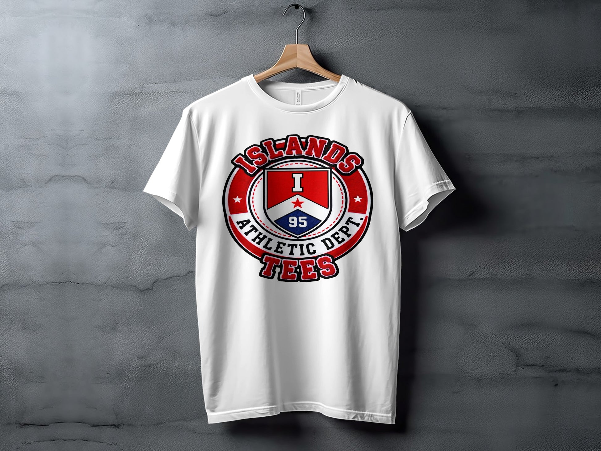 White t-shirt with "ISLANDS ATHLETIC DEPT. 95" shield logo.