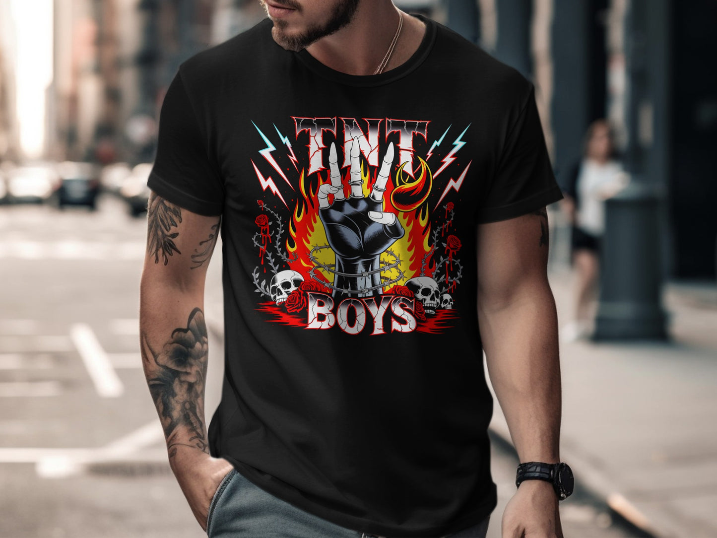 Black t-shirt with "TNT BOYS" logo featuring a flaming skull hand giving peace sign.