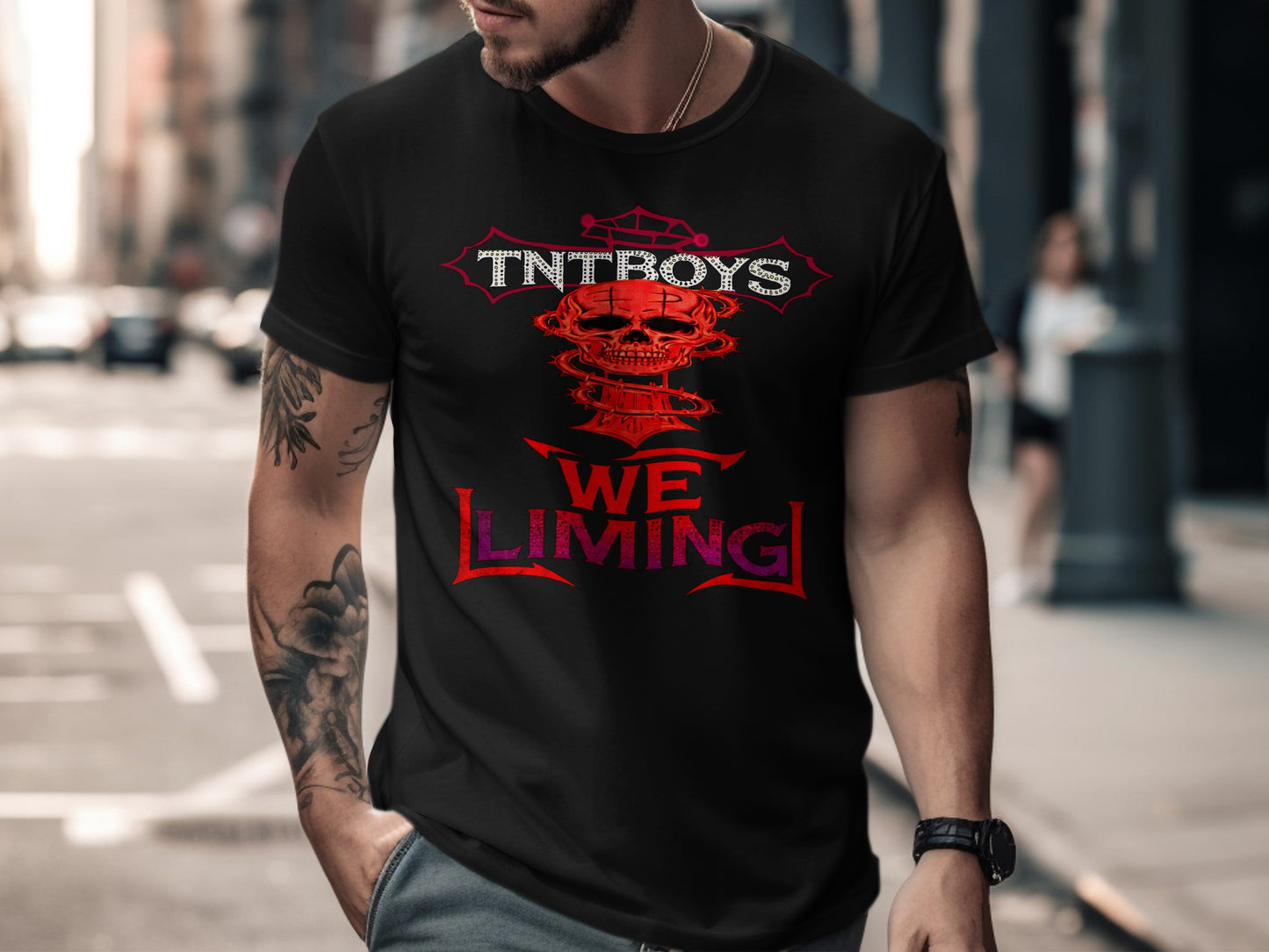 Black t-shirt with "TNTROYS WE LIMING" text and skull graphic.