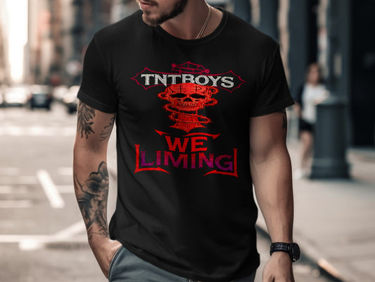 Black t-shirt with "TNTROYS WE LIMING" text and skull graphic.