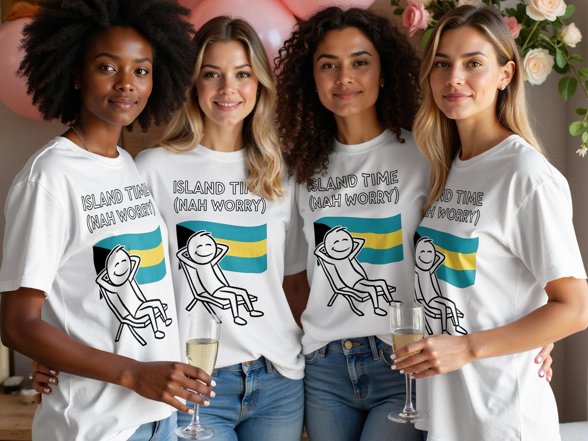 Four women wearing white t-shirts with "Island Time (Nah Worry)" graphic.
