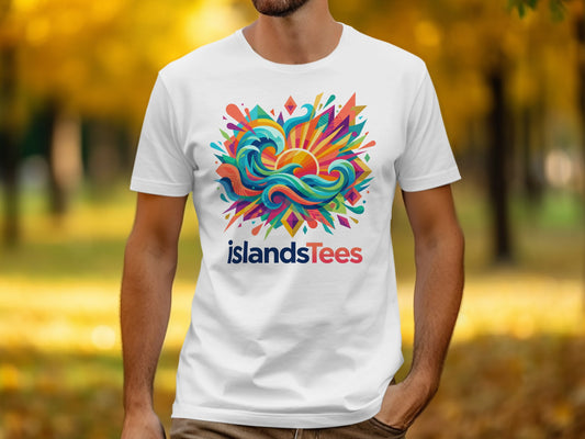 White t-shirt with colorful wave and sun graphic, text "islandsTees" below.