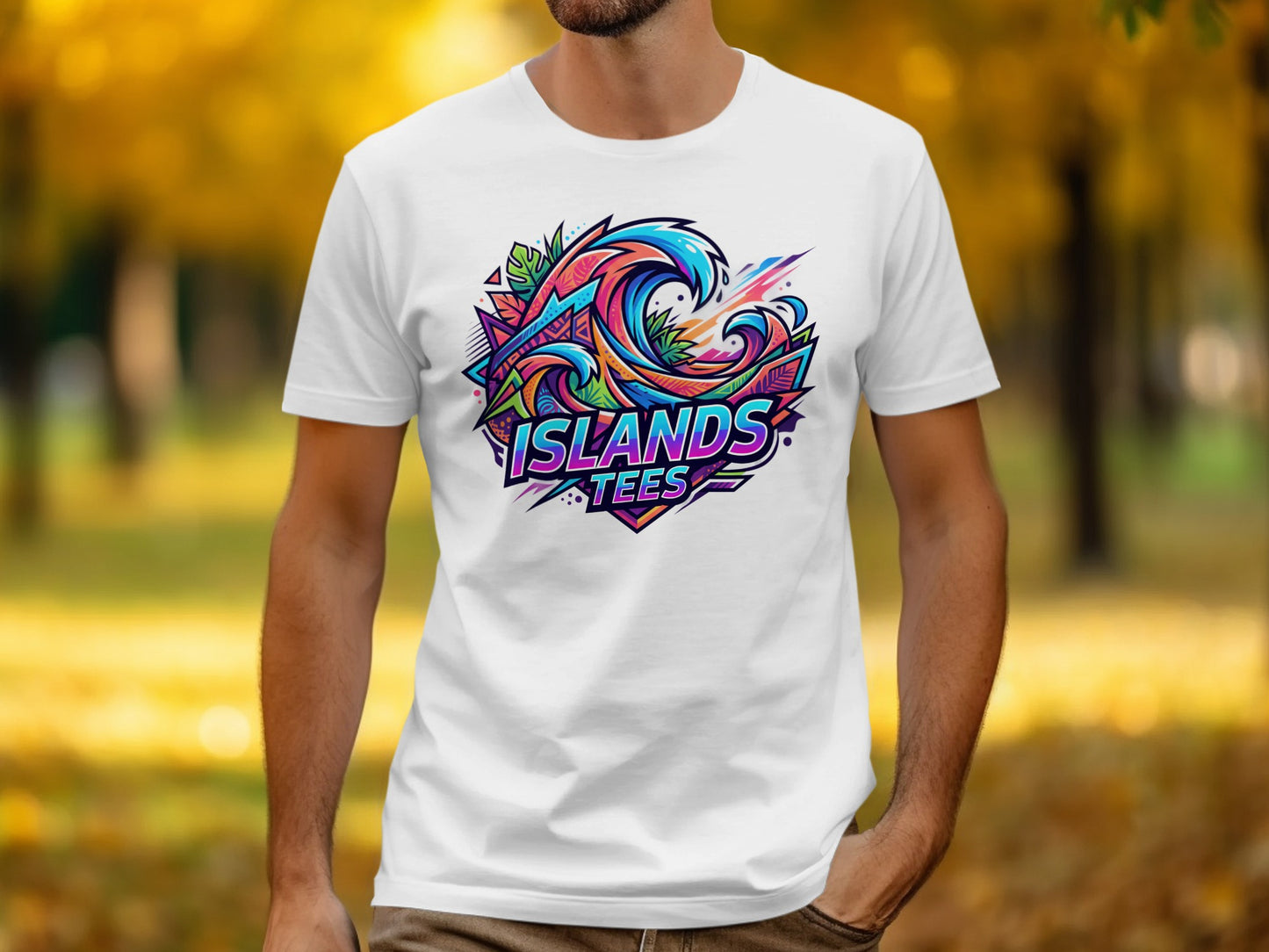White t-shirt with a colorful wave and "ISLANDS TEES" logo graphic.